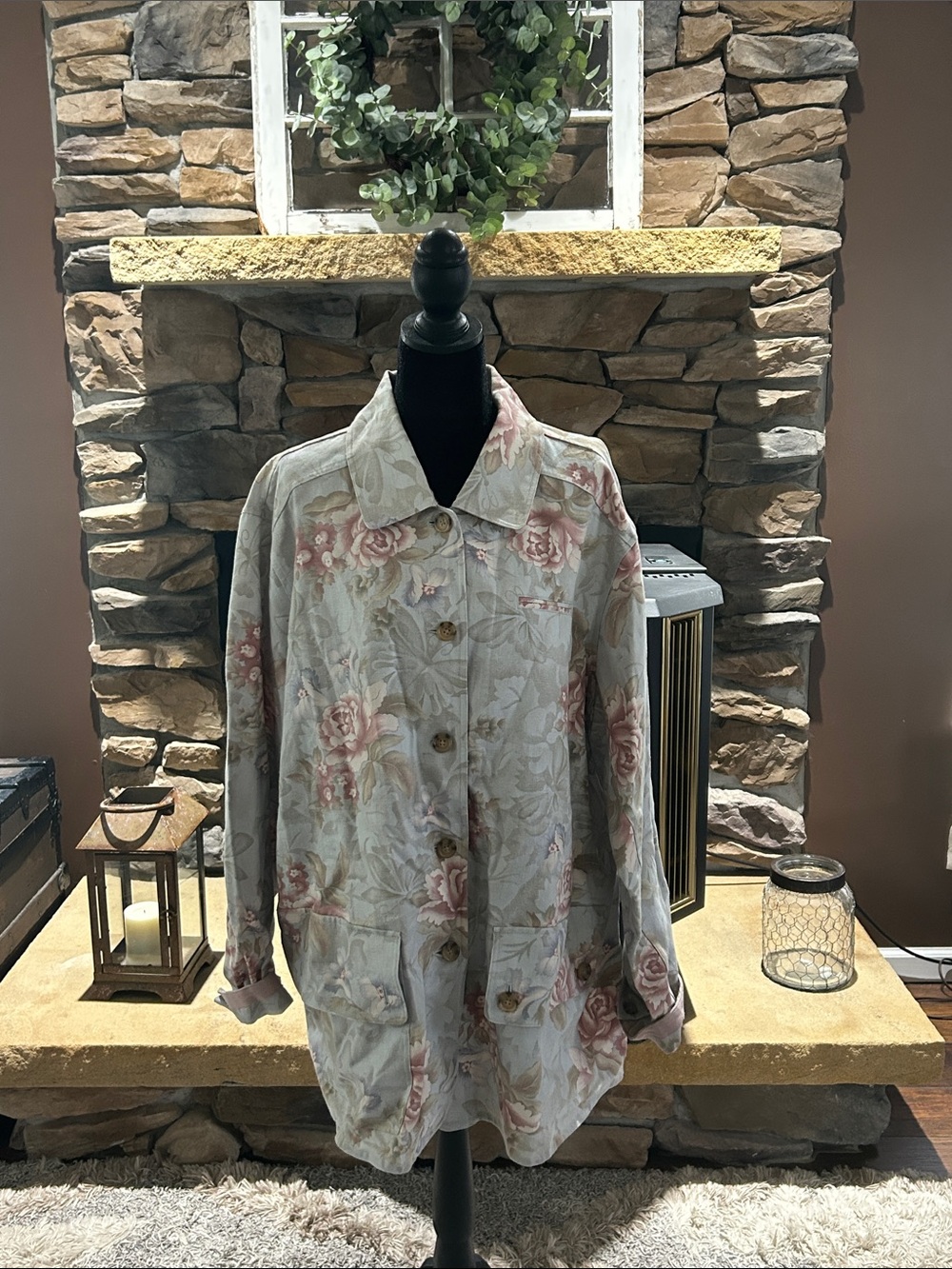 Vintage Coldwater Creek Floral Jean Jacket in Cream and Pink